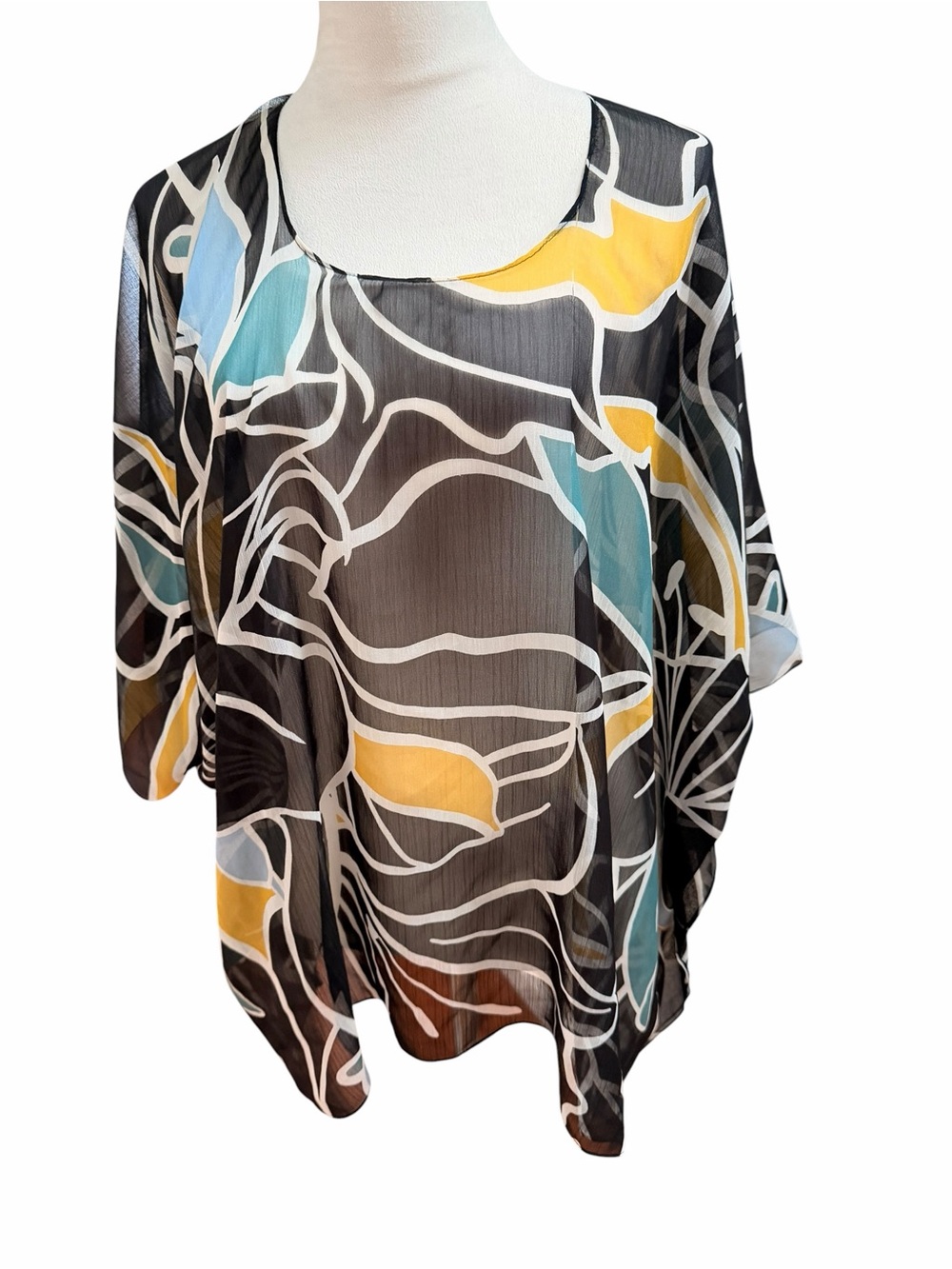 Ann Taylor Sheer Black Print Women’s Top with Yellow Teal Flowy XS/S SNAG